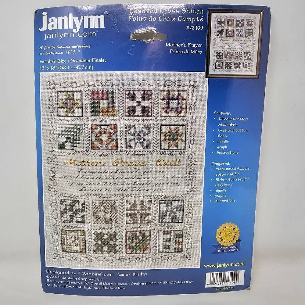 JANLYNN COUNTED CROSS STITCH KIT MOTHERS PRAYER 2001 15" X 18" NEW
